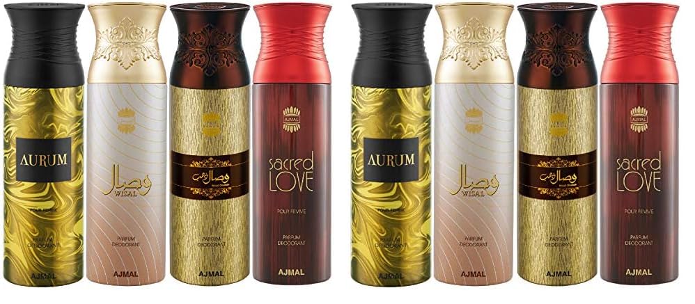 Ajmal Aurum & Wisal & Wisal Dhahab & Sacred Love Deodorant Spray- For Men (200 ml, Pack of 4)