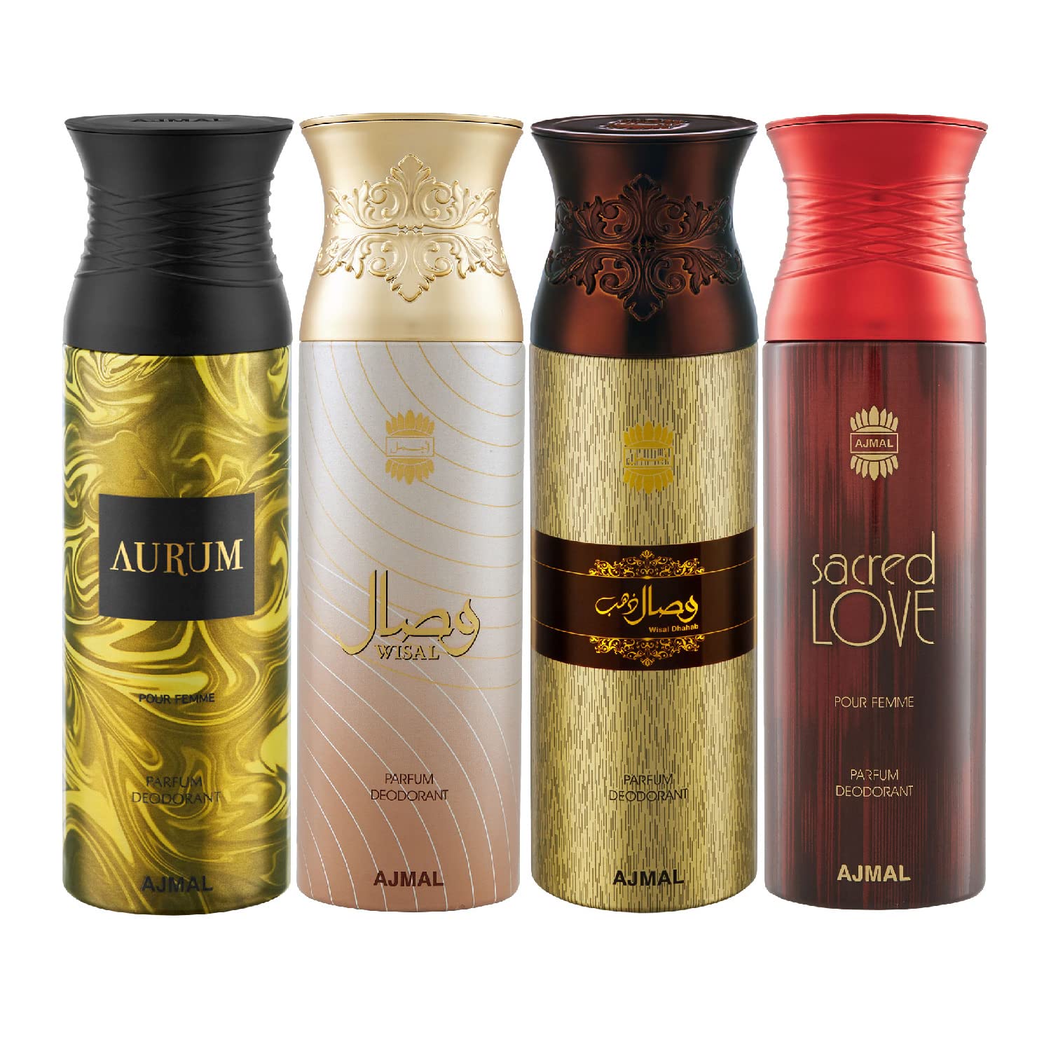 Ajmal Aurum & Wisal & Wisal Dhahab & Sacred Love Deodorant Spray- For Men (200 ml, Pack of 4)