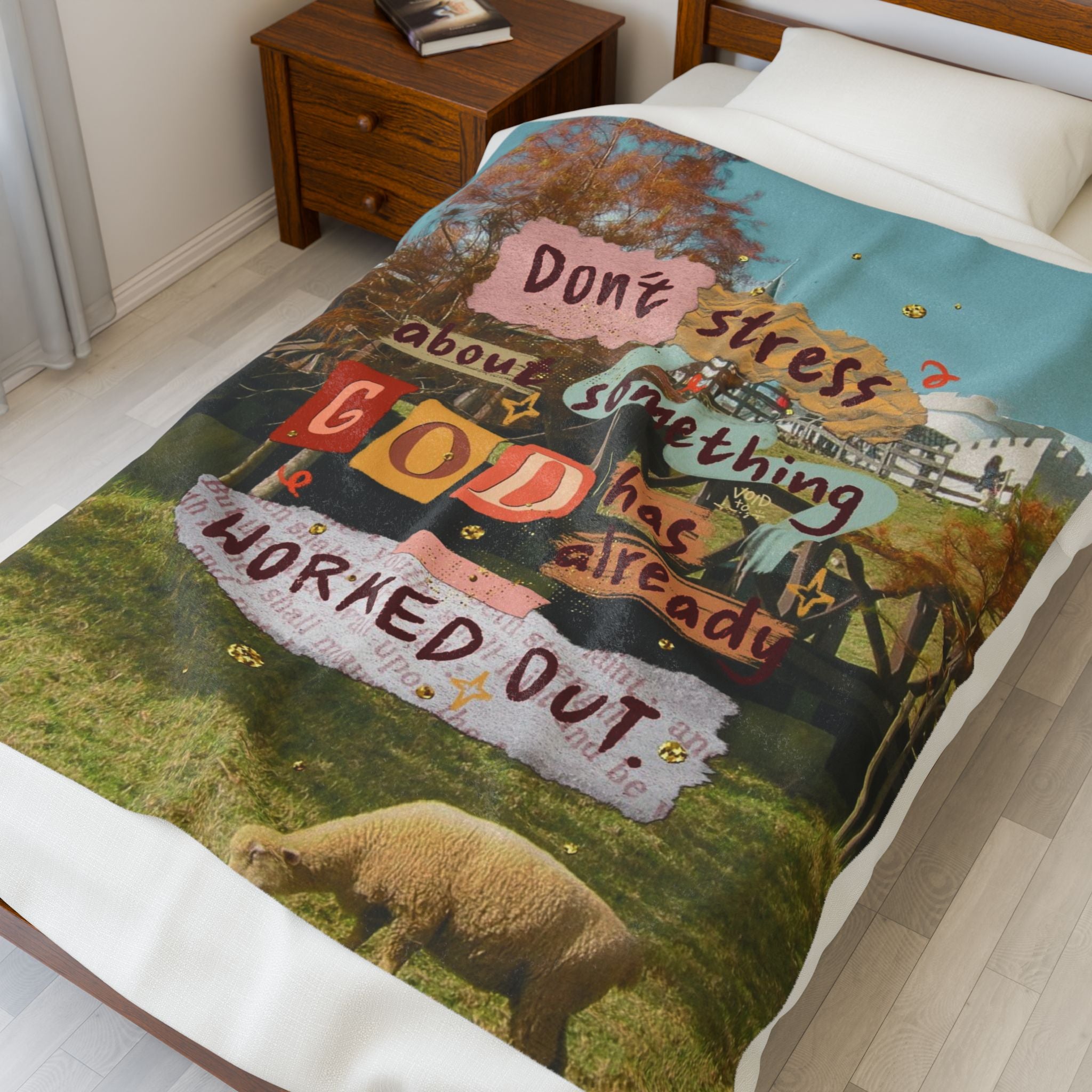 Velveteen Plush Blanket - "Don't Stress, God Has Already Worked It Out" Inspirational Throw